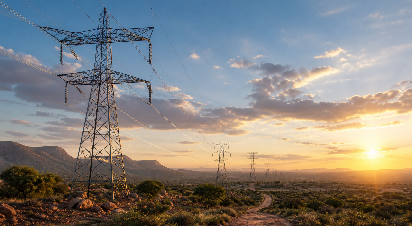 High-voltage transmission powerlines across an open landscape
